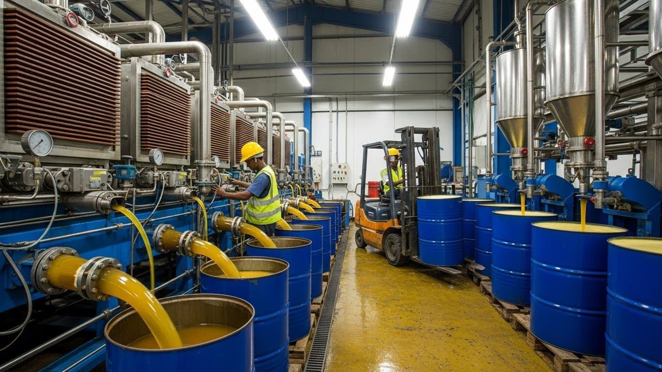 Eine Filtrationsstufe und ein Trommelbefüllungsbereich innerhalb einer Anlage für Rohsojaöl in Nigeria. (KI-generiertes Bild)