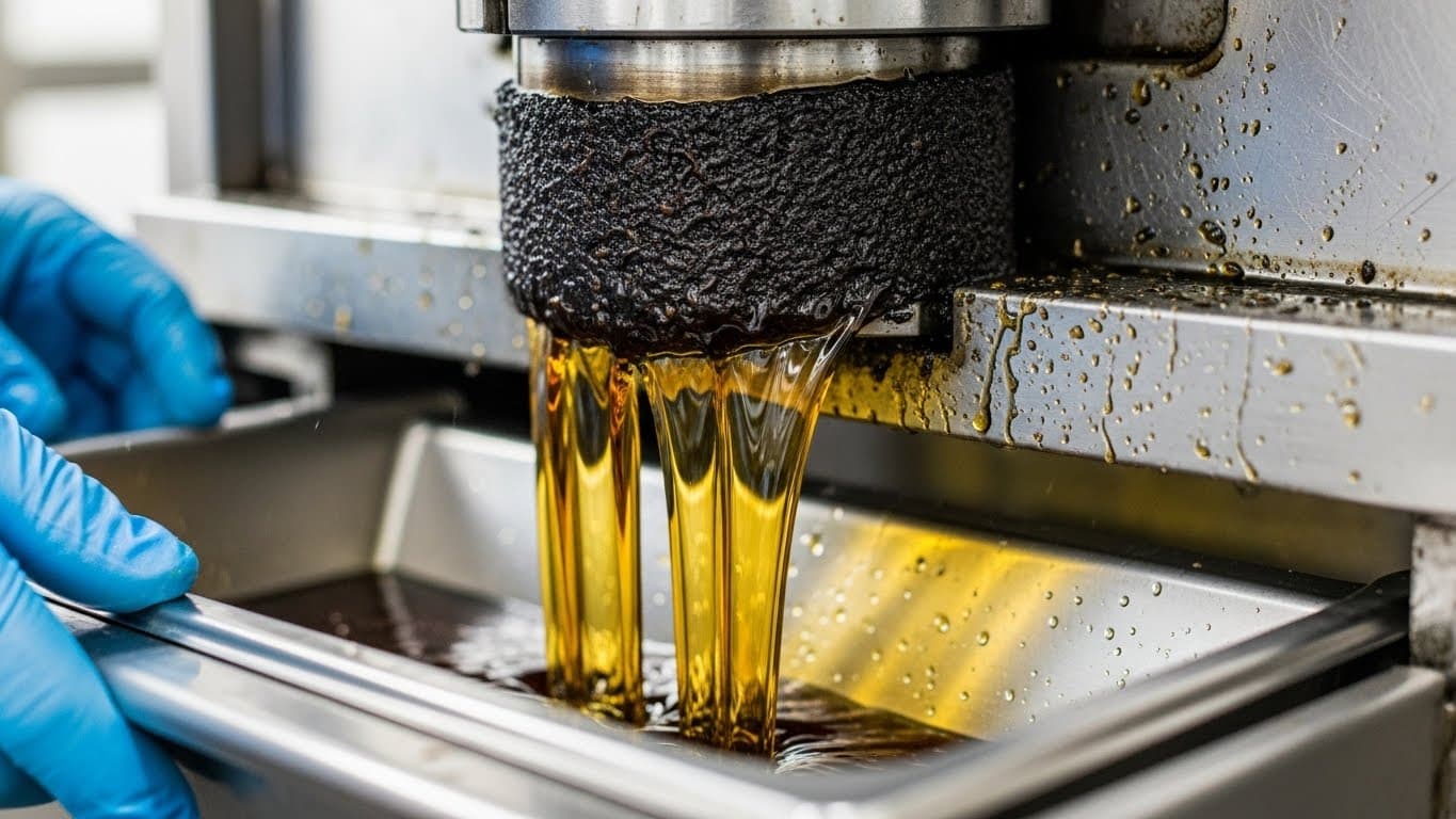 Vidalı ekspeller tipi mekanik pres çalışıyor: soya küspesi presleniyor ve sıcak ham yağ paslanmaz çelik oluklara akıyor. (Yapay zekâ tarafından oluşturulmuş görsel)