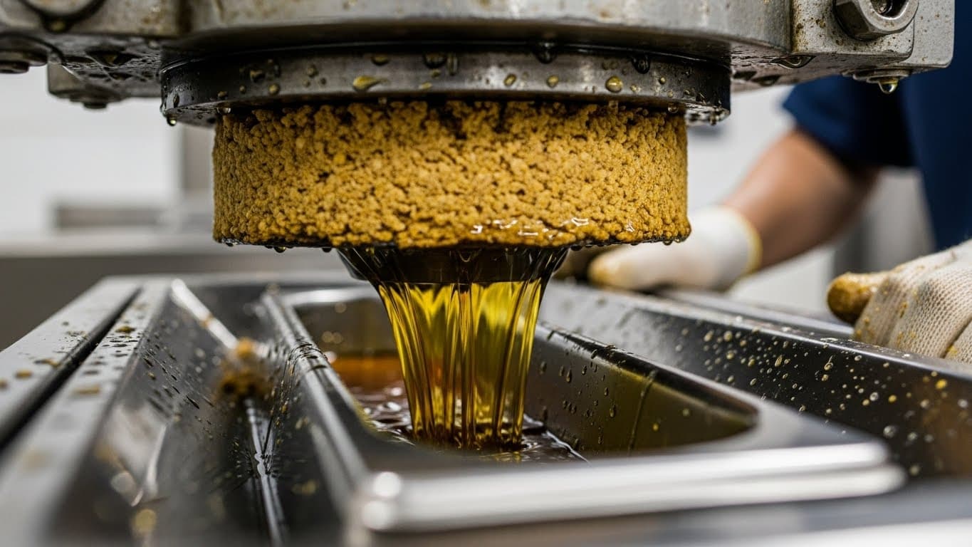 Prensa mecánica de tornillo en funcionamiento: torta de soja siendo comprimida mientras el aceite crudo caliente fluye hacia canales de acero inoxidable. (imagen generada por IA)