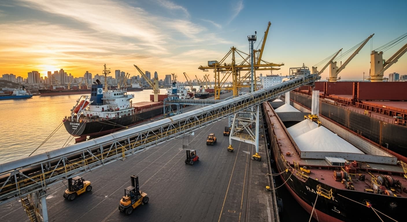Carga de azúcar a granel en un terminal portuario en Brasil (imagen generada por IA)