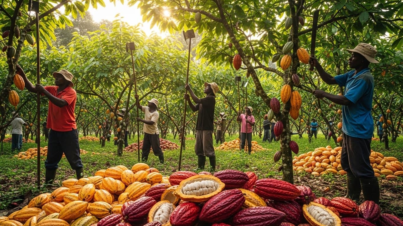 Des cacaoculteurs récoltent des cabosses mûres au Ghana (image générée par IA).