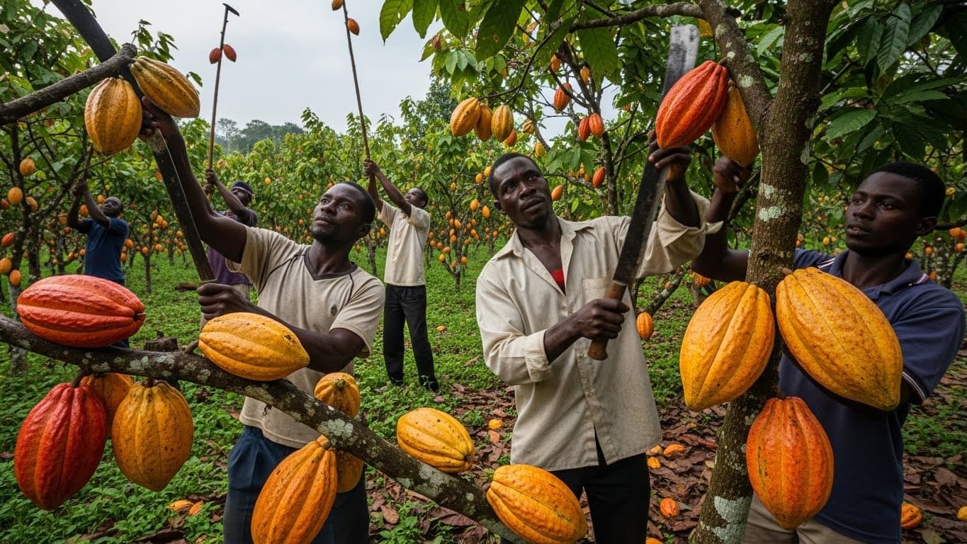 Agricultores de cacao cosechando mazorcas maduras en Ghana (imagen generada por IA).