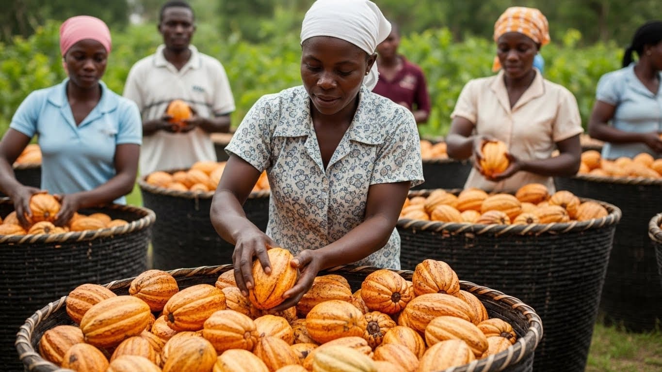 Produtores de cacau colhendo vagens maduras em Gana (imagem gerada por IA).