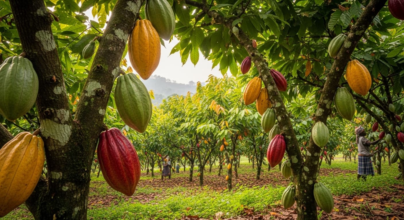 Vainas de cacao creciendo en árboles en una plantación de Costa de Marfil (imagen generada por IA)
