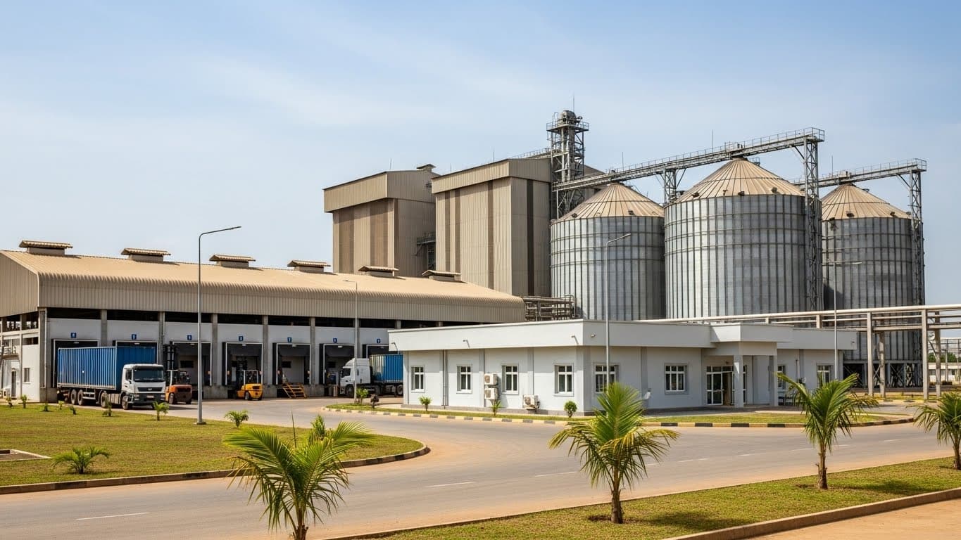 ナイジェリアにある現代的な粗大豆油の貯蔵施設（AI生成画像）。