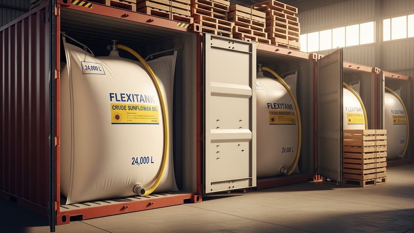 A warehouse in Tanzania showing multiple 24,000-L flexitanks of crude sunflower oil inside standard 20-ft shipping containers (AI-generated image).