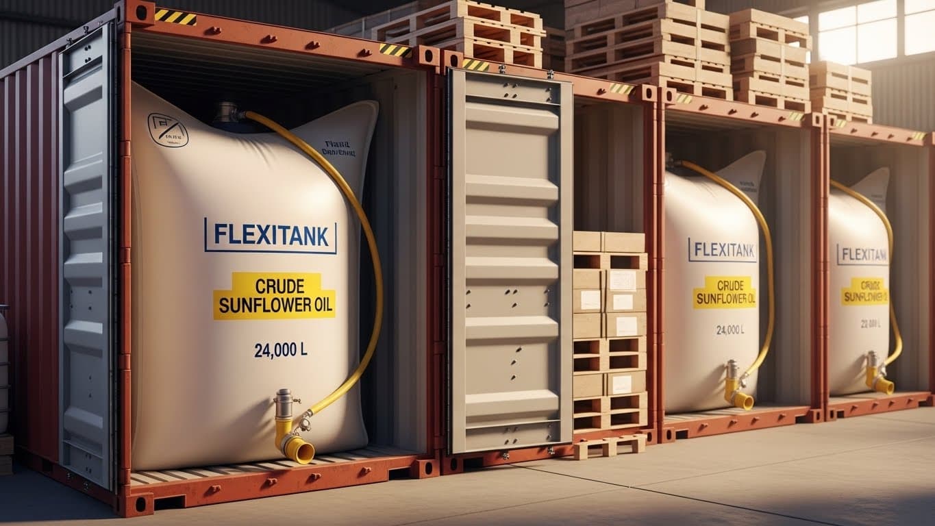 Entrepôt en Tanzanie montrant plusieurs flexitanks de 24,000 L d'huile de tournesol brute à l'intérieur de conteneurs maritimes standard de 20 pieds (image générée par IA).