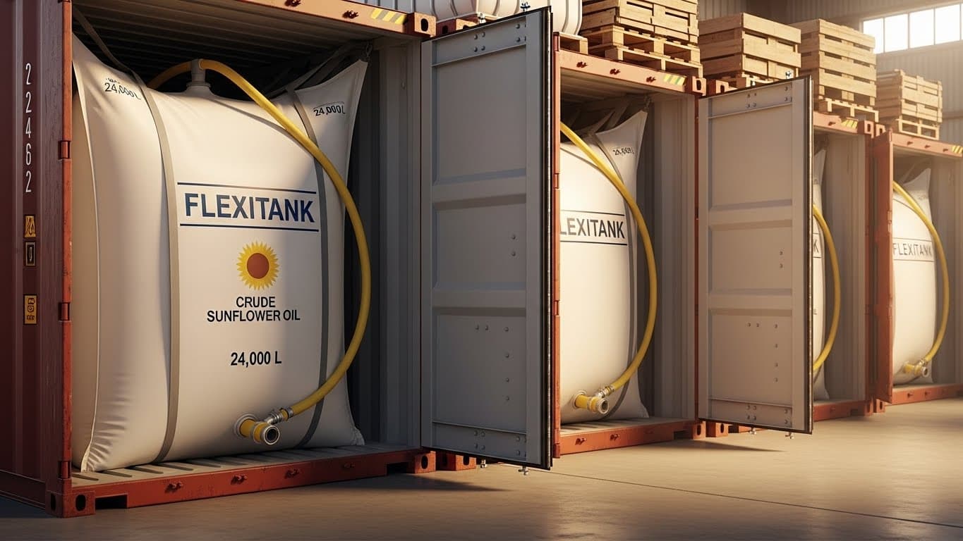 Almacén en Tanzania que muestra múltiples flexitanks de 24,000 L de aceite crudo de girasol dentro de contenedores marítimos estándar de 20 pies (imagen generada por IA).
