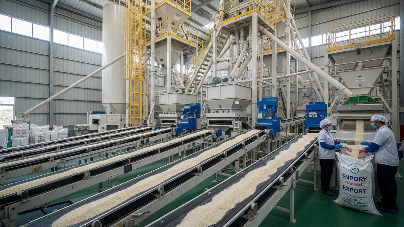 Interior of a rice-milling plant, with conveyors moving polished rice into export sacks. (AI-generated image)