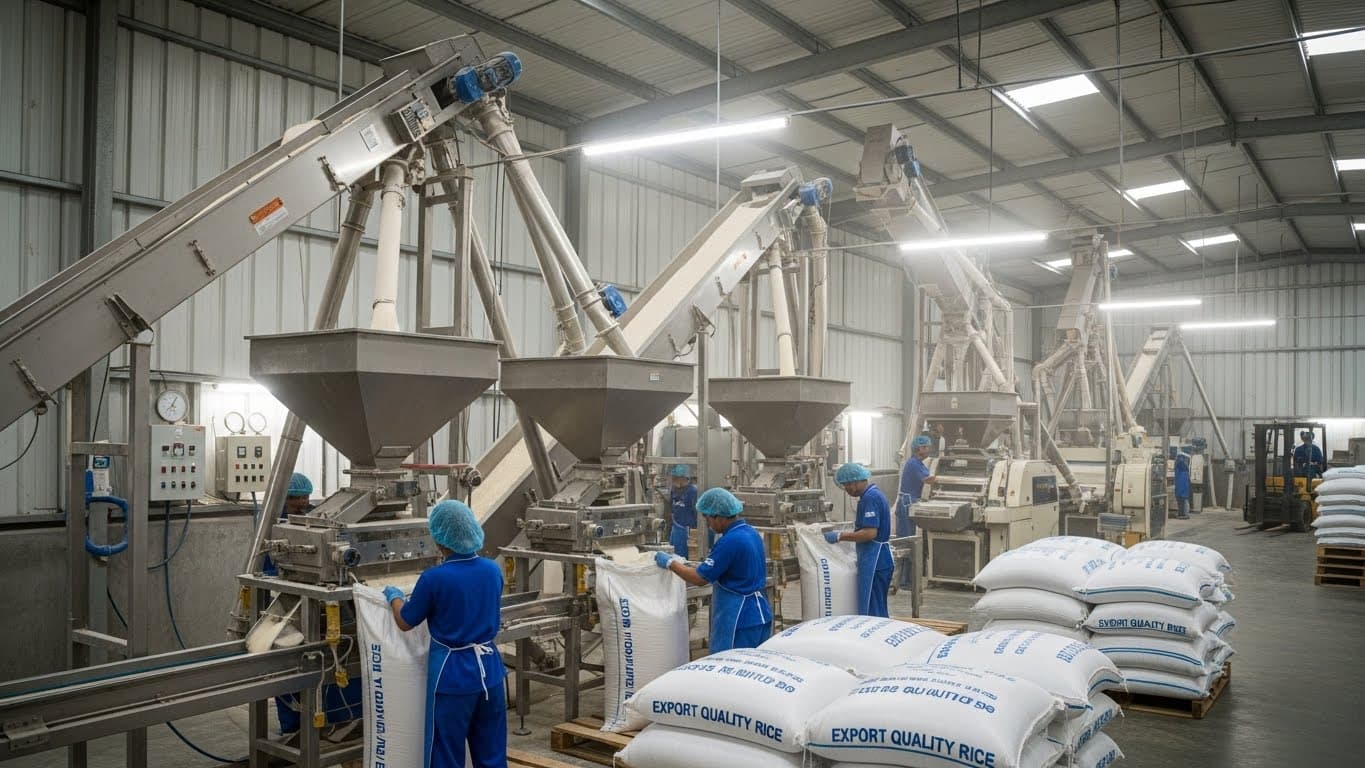 Interior de una planta de molienda de arroz, con cintas transportadoras que llevan arroz pulido a sacos de exportación. (Imagen generada por IA)