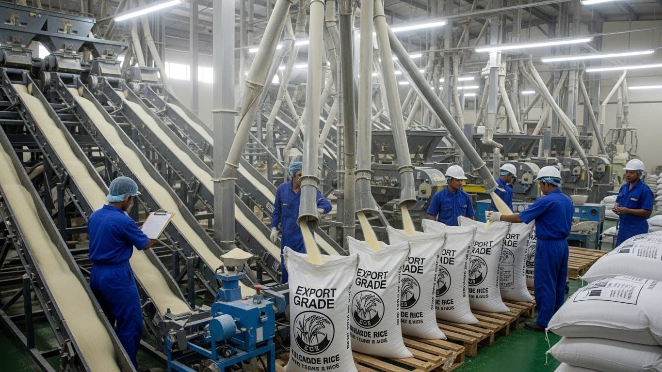 Interior de uma usina de beneficiamento de arroz, com correias transportadoras levando arroz polido para sacos de exportação. (Imagem gerada por IA)