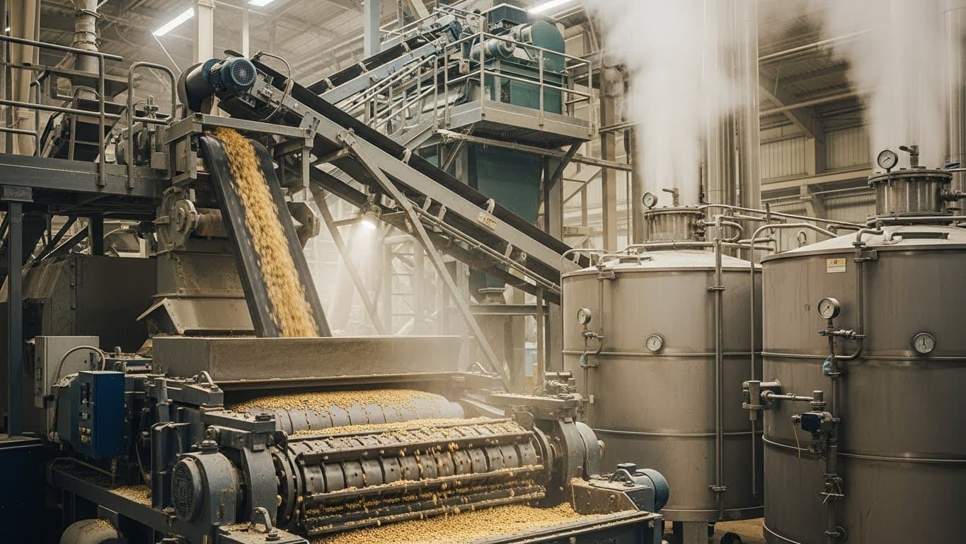 Broyeur mécanique de soja en fonctionnement, avec des convoyeurs transportant les fèves de soja et des cuves d’extraction d’huile (image générée par l’IA).