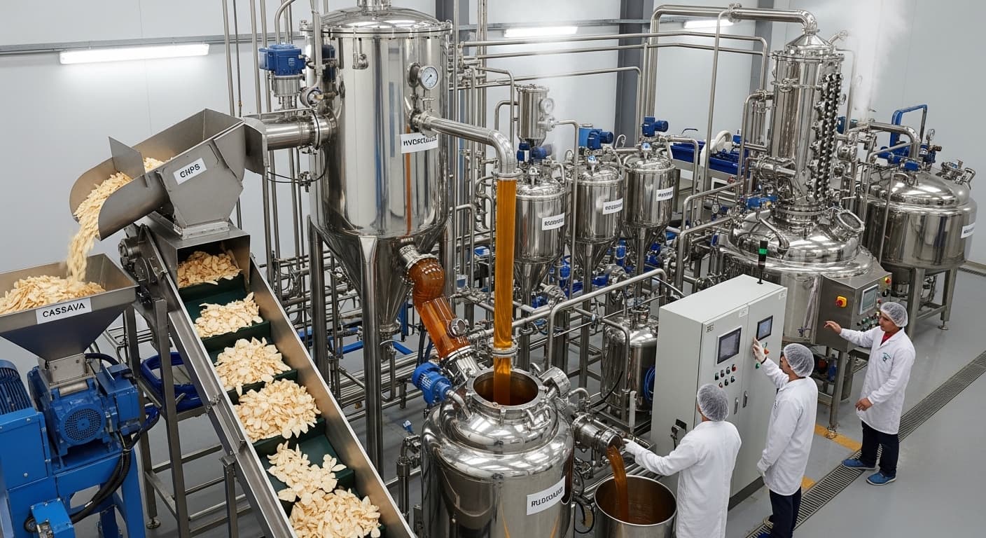 إنتاج شراب الجلوكوز باستخدام رقائق الكسافا كمكون (صورة مولدة بالذكاء الاصطناعي)