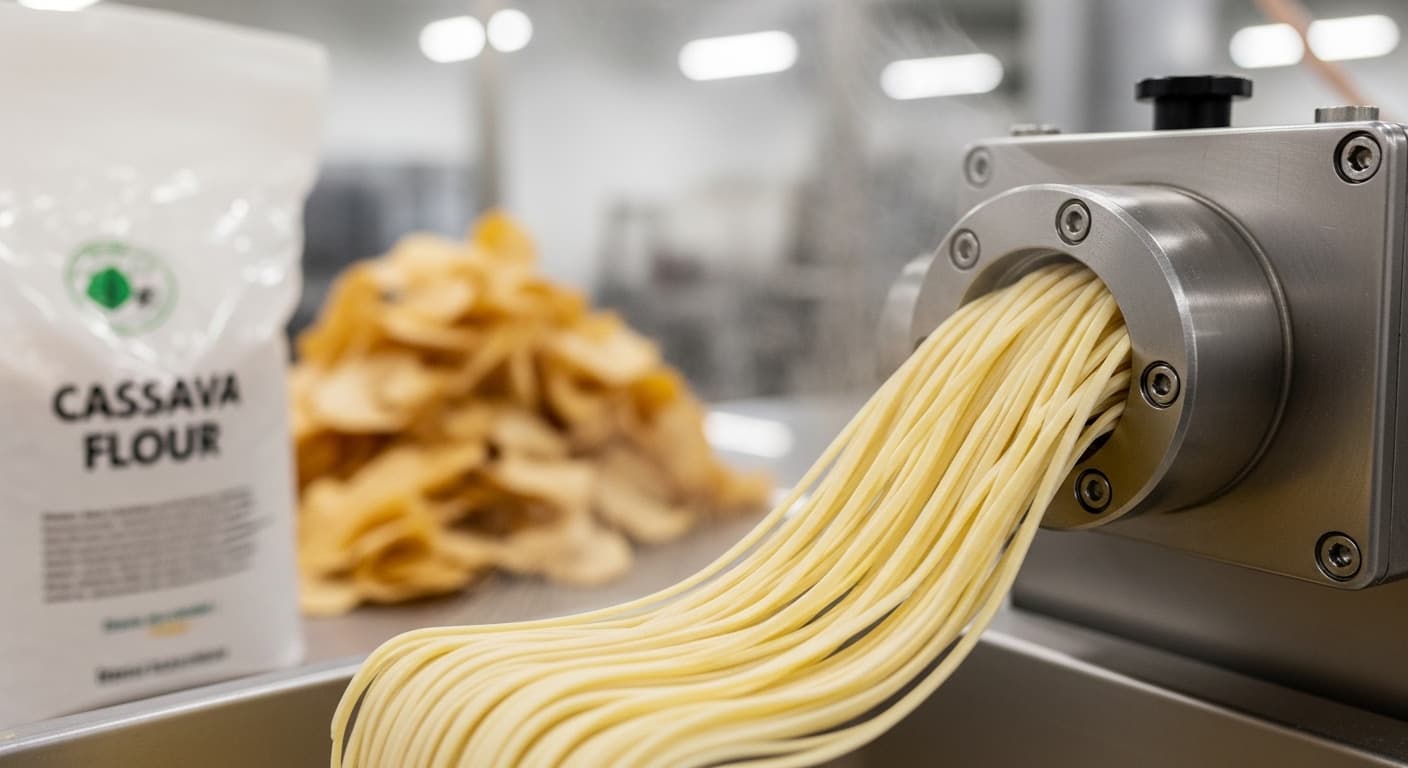 使用木薯片作为原料生产无麸质面条（AI生成图像）
