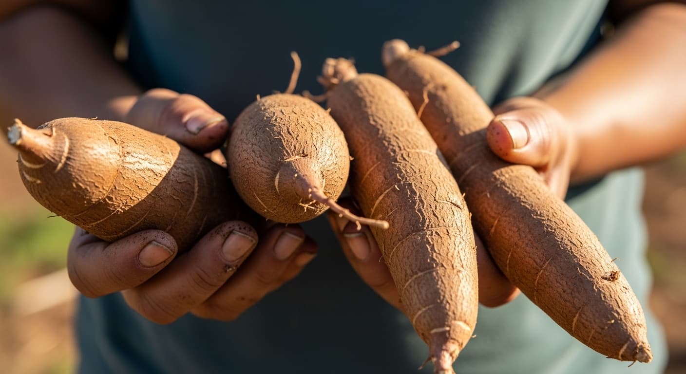 女性小农户双手捧着新鲜木薯块根的特写（AI生成图像）
