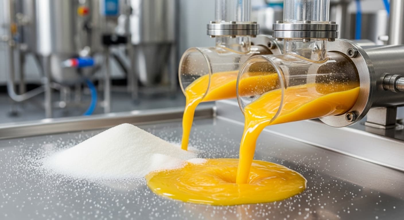 ICUMSA 45 설탕이 과일 주스 생산에 혼합됩니다 (AI 생성 이미지).