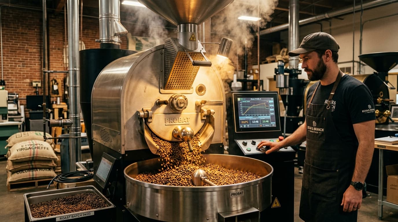 Dentro de una instalación especializada de tueste de café donde se tuestan granos de Arábica premium. (Imagen generada por IA)