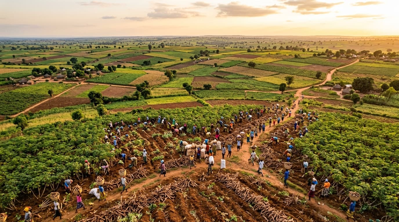 収穫時の広大なキャッサバ畑の空撮、小規模農家が塊茎を運んでいる様子（AI生成画像）