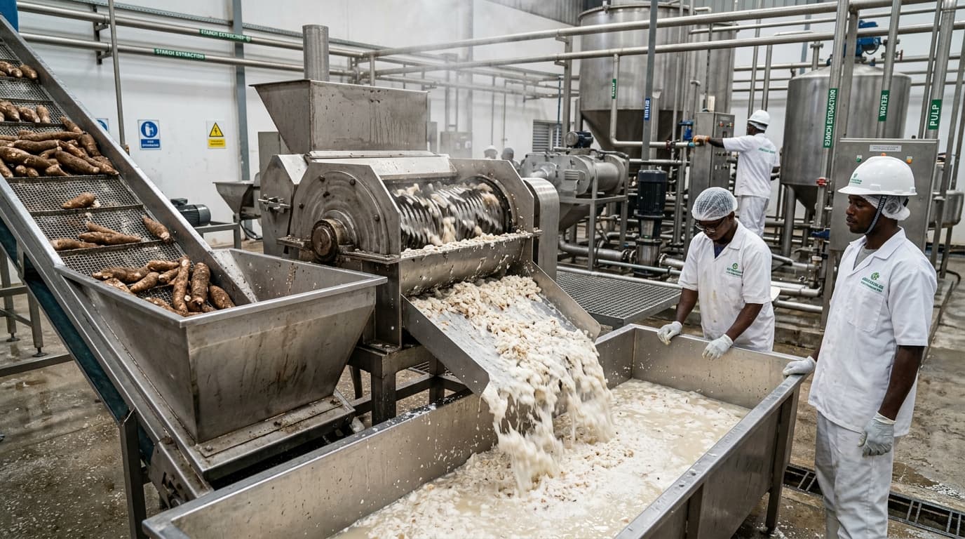 Cassava starch manufacturing inside a modern processing factory in Nigeria. Fresh cassava roots move along a stainless-steel conveyor into a powerful rasping/crushing machine with rotating blades that finely grate the roots. Wet cassava pulp slurry flows out of the rasping unit into a collection channel, showing broken cassava fibers and starch-rich liquid. Industrial stainless steel equipment, pipes, and processing tanks are visible in the background. (AI-generated image)