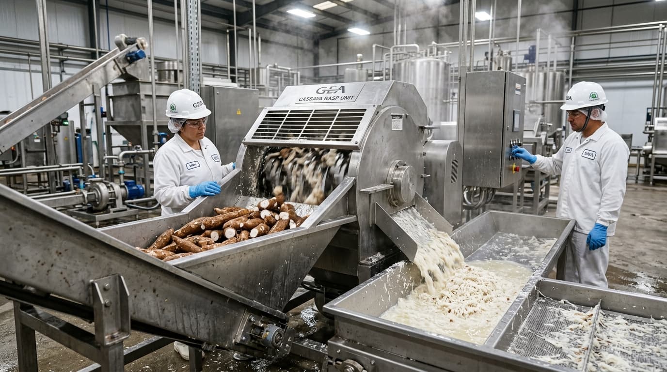 Herstellung von Maniokstärke in einer modernen Verarbeitungsfabrik in Nigeria. Frische Maniokwurzeln bewegen sich auf einem Edelstahlförderband in eine leistungsstarke Raspel-/Zerkleinerungsmaschine mit rotierenden Klingen, die die Wurzeln fein reiben. Eine feuchte Maniokpulpsuspension fließt aus der Raspelmaschine in einen Sammelkanal und zeigt gebrochene Maniokfasern sowie eine stärkereiche Flüssigkeit. Industrielle Edelstahlgeräte, Rohre und Verarbeitungstanks sind im Hintergrund sichtbar. (KI-generiertes Bild)