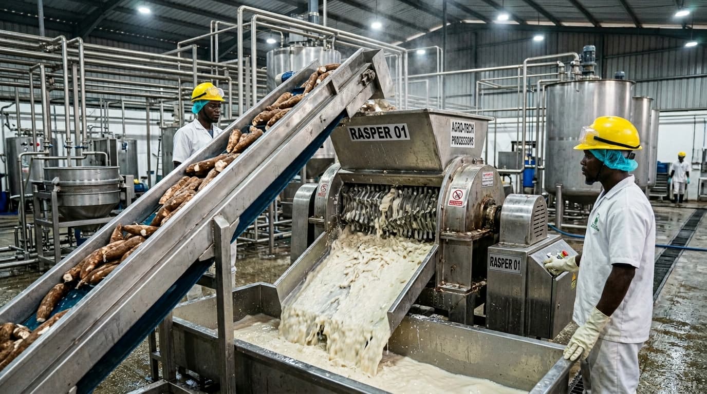 नाइजीरिया के एक आधुनिक प्रसंस्करण कारखाने के अंदर कसावा स्टार्च का उत्पादन। ताज़ी कसावा जड़ें स्टेनलेस-स्टील कन्वेयर पर चलकर एक शक्तिशाली रैस्पिंग/क्रशिंग मशीन में प्रवेश करती हैं, जिसमें घूमने वाले ब्लेड जड़ों को बारीक कद्दूकस करते हैं। गीला कसावा गूदा स्लरी रैस्पिंग यूनिट से निकलकर एक संग्रह चैनल में बहता है, जिसमें टूटी हुई कसावा रेशे और स्टार्च-समृद्ध तरल दिखाई देता है। पृष्ठभूमि में औद्योगिक स्टेनलेस-स्टील उपकरण, पाइप और प्रसंस्करण टैंक दिखाई देते हैं। (एआई द्वारा निर्मित छवि)