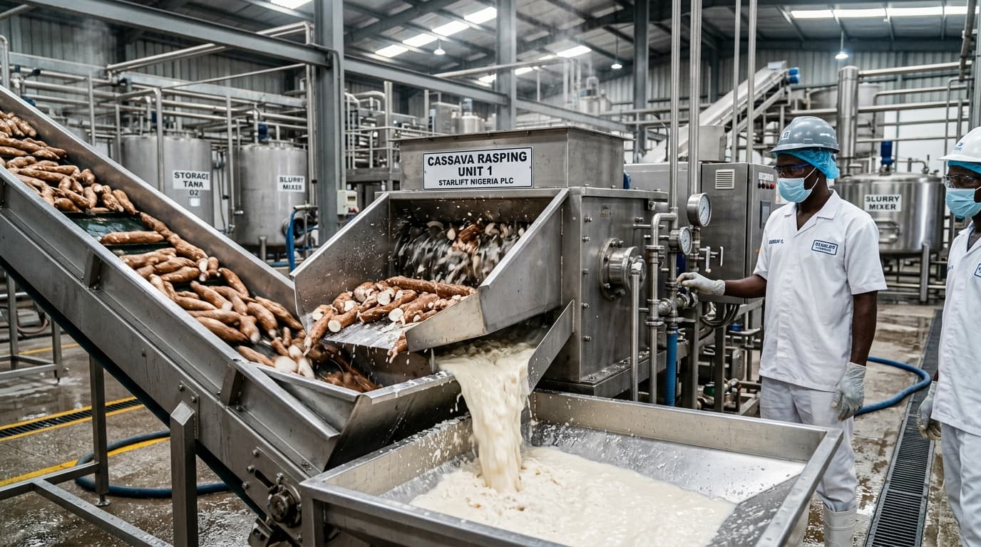 ナイジェリアの最新加工工場内で行われるキャッサバ澱粉の製造。新鮮なキャッサバの根がステンレス製コンベア上を移動し、回転刃を備えた強力なラッピング／粉砕機に送られ、根を細かくすりおろします。湿ったキャッサバパルプのスラリーがラッピング装置から回収チャネルへ流れ出し、砕けたキャッサバ繊維とデンプンを豊富に含む液体が見えます。背景には産業用ステンレス設備、配管、加工タンクが見えます。（AI生成画像）