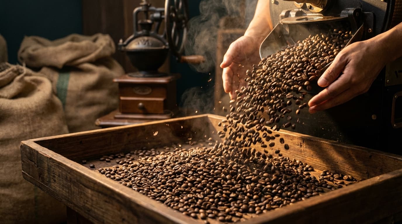 Grains de café vietnamiens torréfiés tombant dans un plateau (image générée par IA)