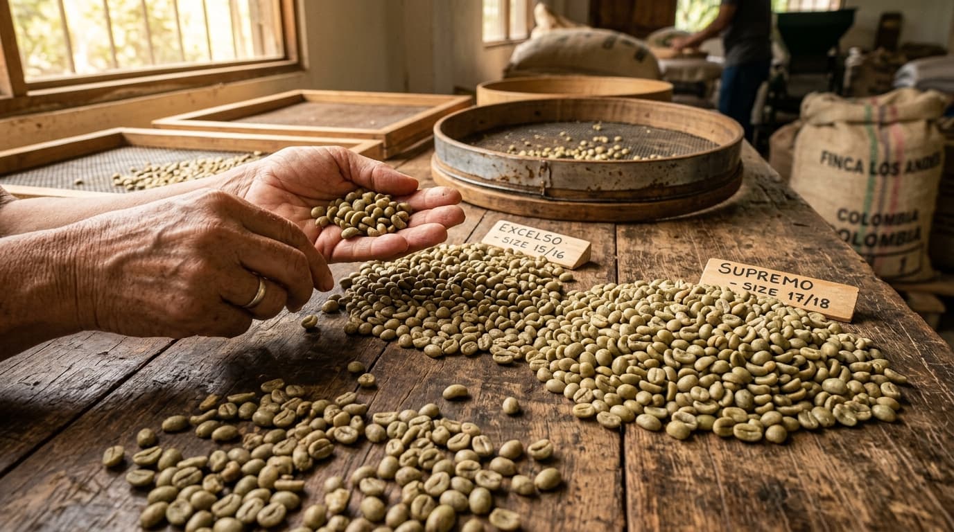 Des trieurs de café triant des grains de café verts sur une table en bois (image générée par IA).