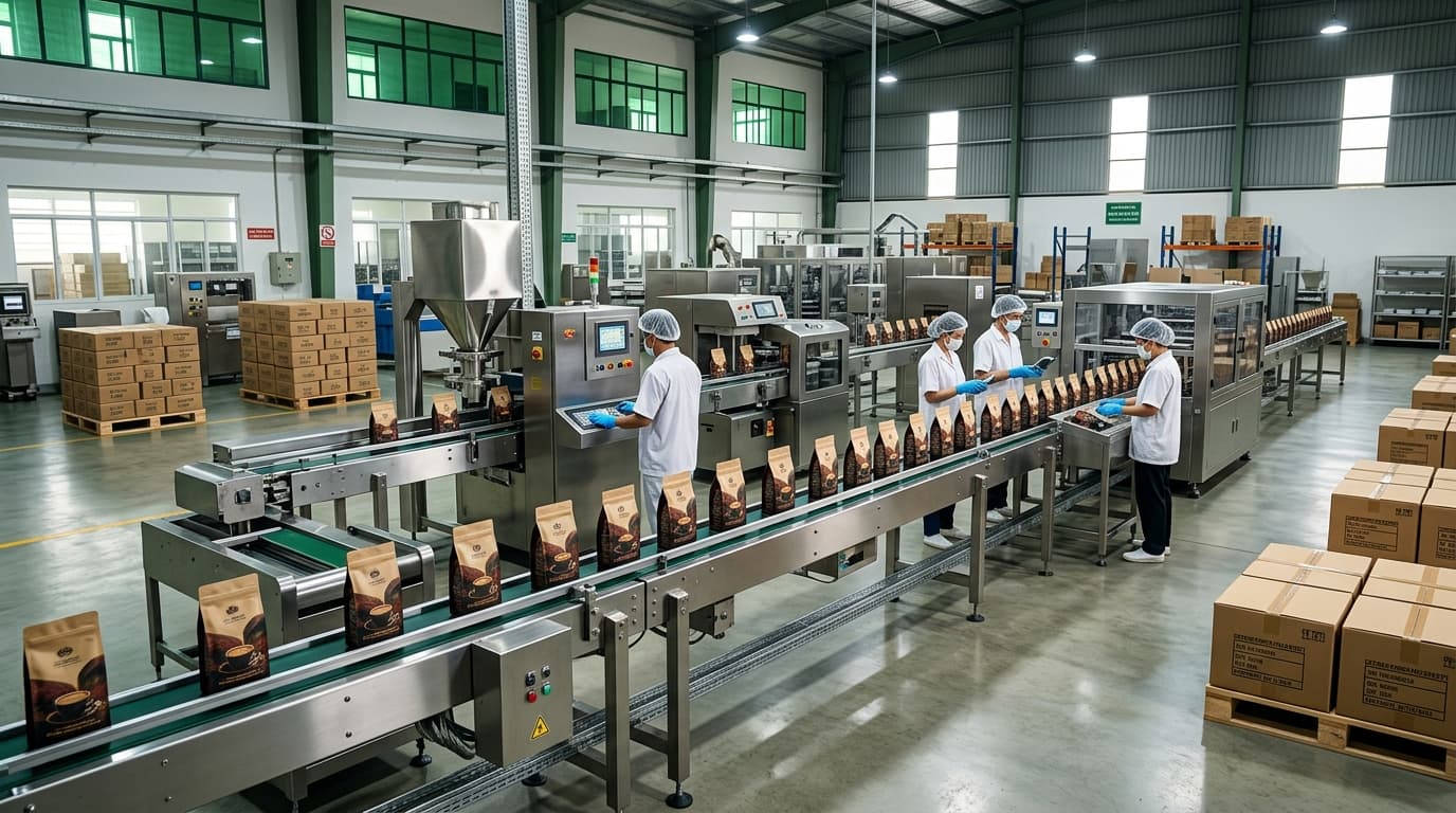 Ligne de conditionnement du café dans une usine de café au Vietnam (image générée par IA)