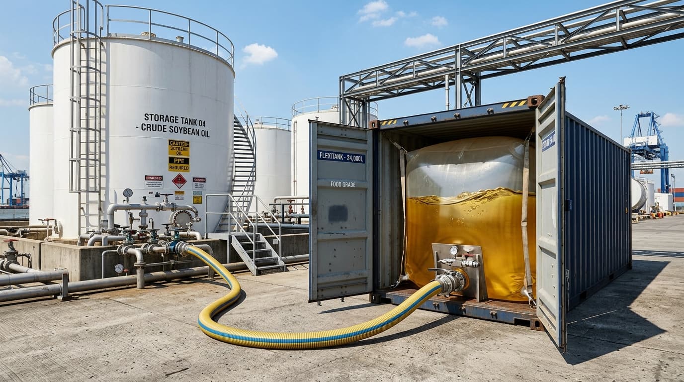 Minyak kedelai mentah sedang dipindahkan dari tangki penyimpanan luar ruangan yang besar ke dalam flexitank berkapasitas 24.000 liter (gambar yang dihasilkan AI).