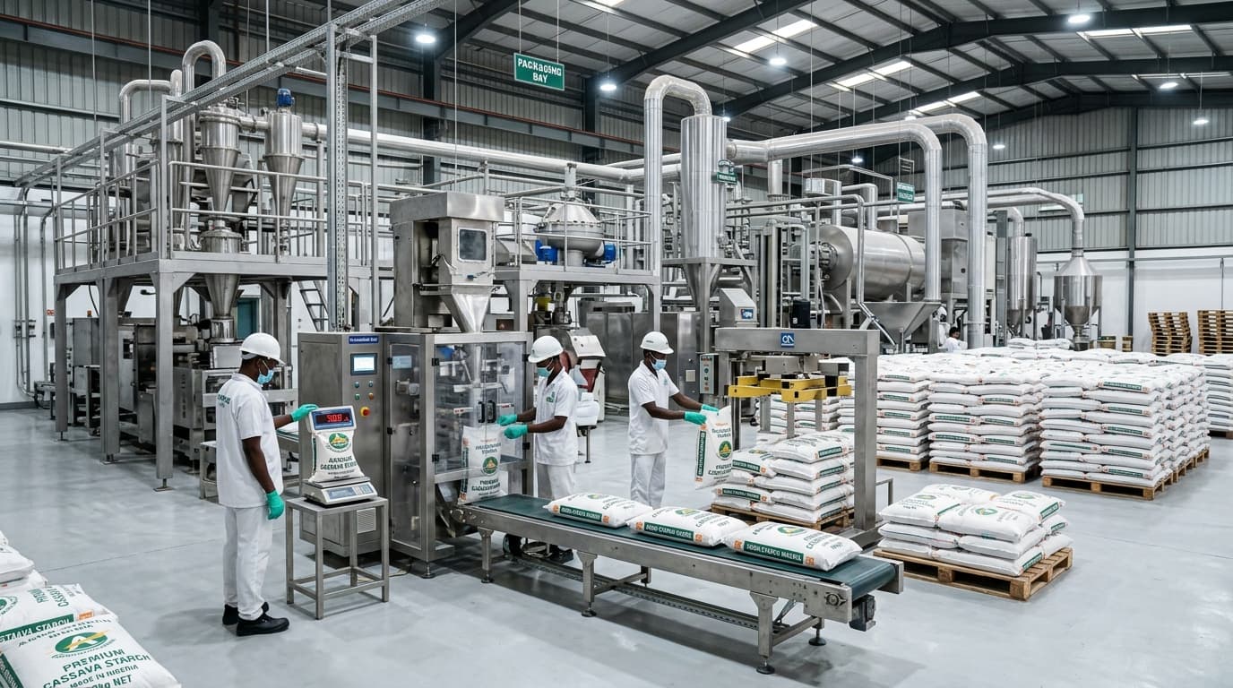 最新のキャッサバ澱粉加工工場の内部 — ステンレス製機械、包装ラインを点検する作業員、50kg袋のパレット、明るい産業用照明、非常に清潔な環境。場所：ナイジェリア。（AI生成画像）