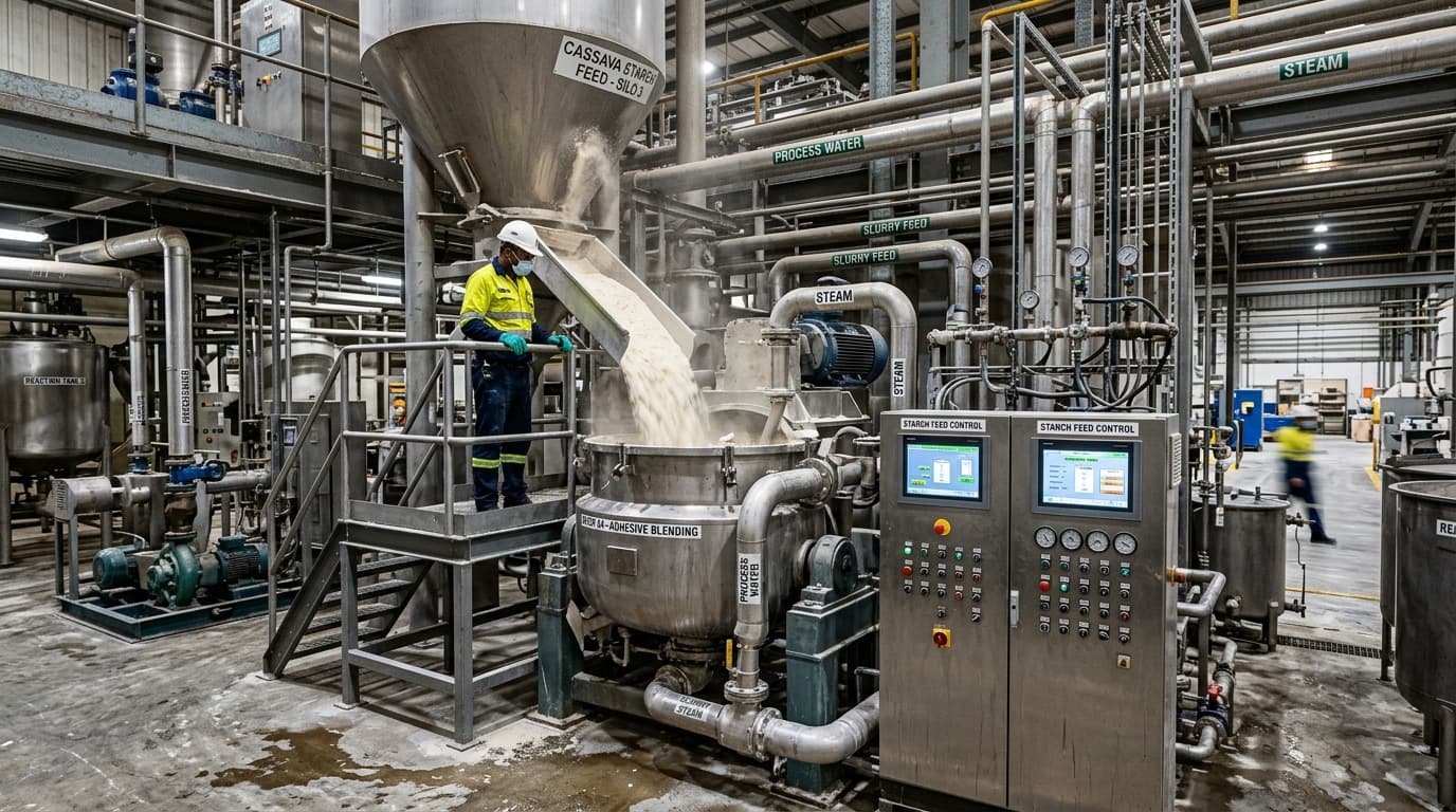 औद्योगिक चिपकने वाले पदार्थ या कागज़ निर्माण लाइन, जहाँ कसावा स्टार्च को मिक्सरों में डाला जाता है — मशीनरी, पाइप और नियंत्रण पैनल (एआई द्वारा निर्मित छवि)