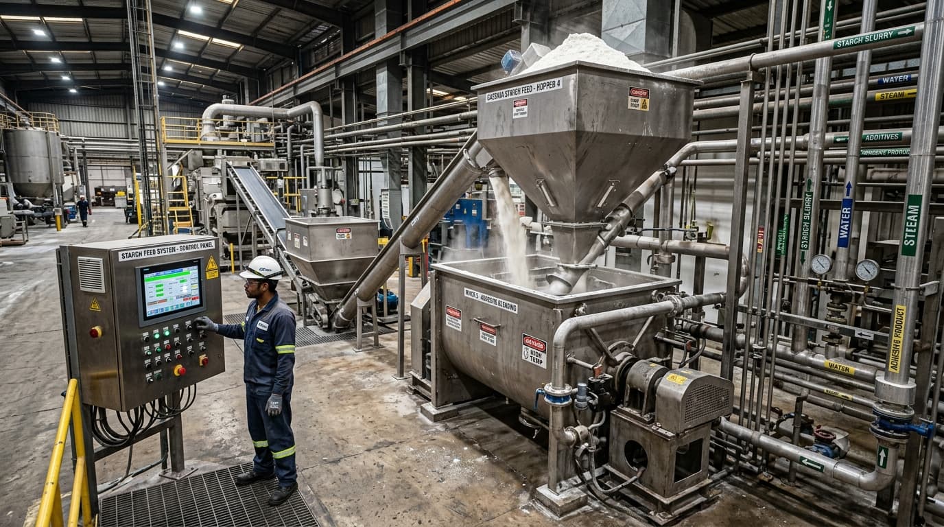 キャッサバデンプンがミキサーに投入される工業用接着剤または製紙の製造ライン — 機械設備、配管、制御パネル（AI生成画像）