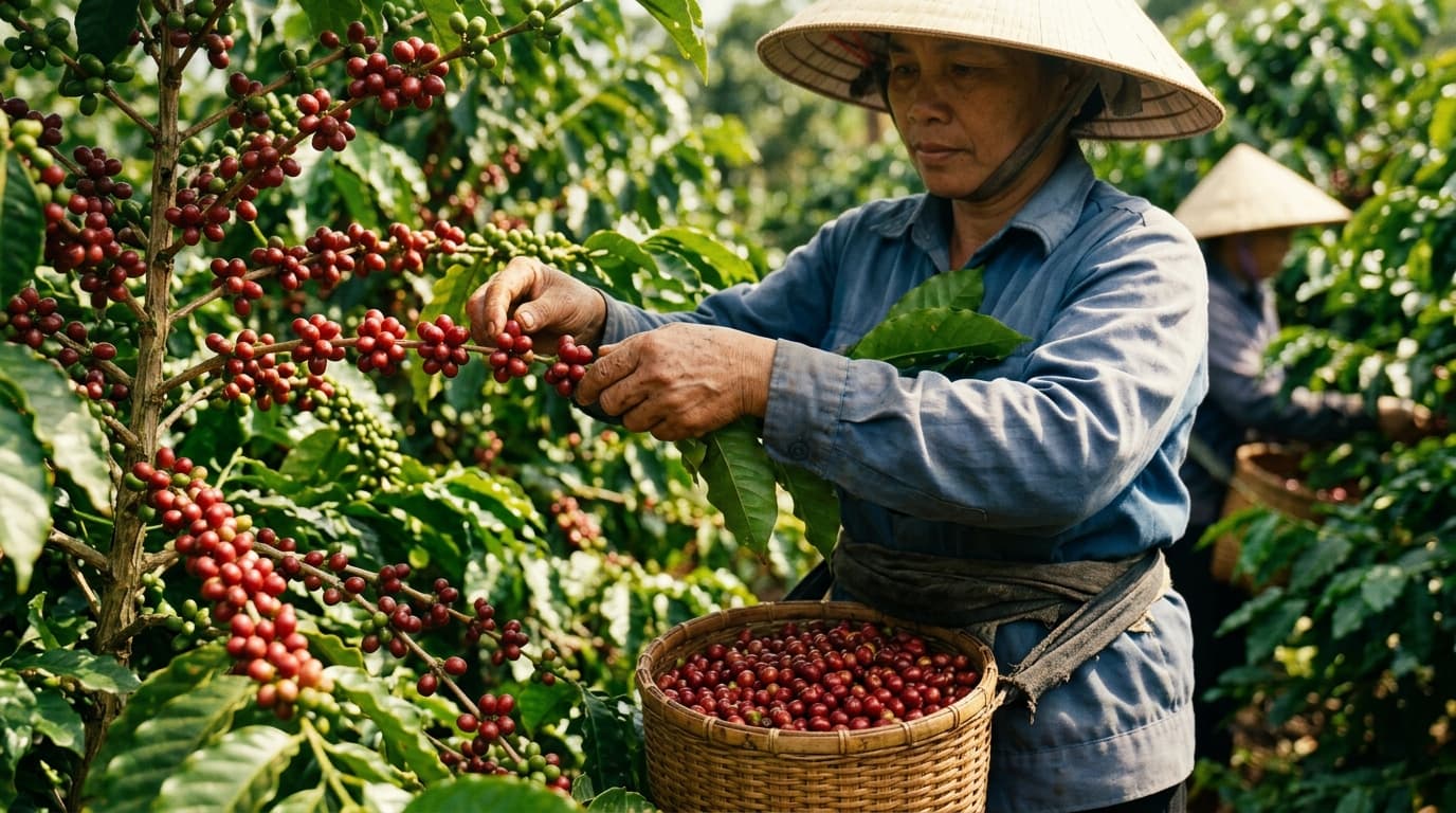 Vietnamesische Bauern ernten reife Kaffeekirschen auf einer Kaffeeplantage in Vietnam (KI-generiertes Bild).