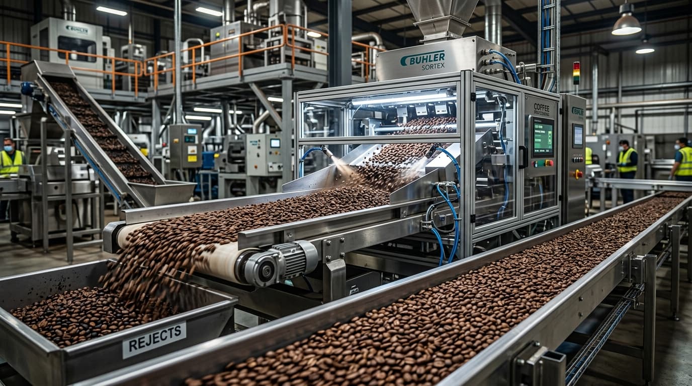 Des grains de café torréfiés se déplacent le long d'une trieuse optique moderne dans une usine de transformation du café (image générée par IA).