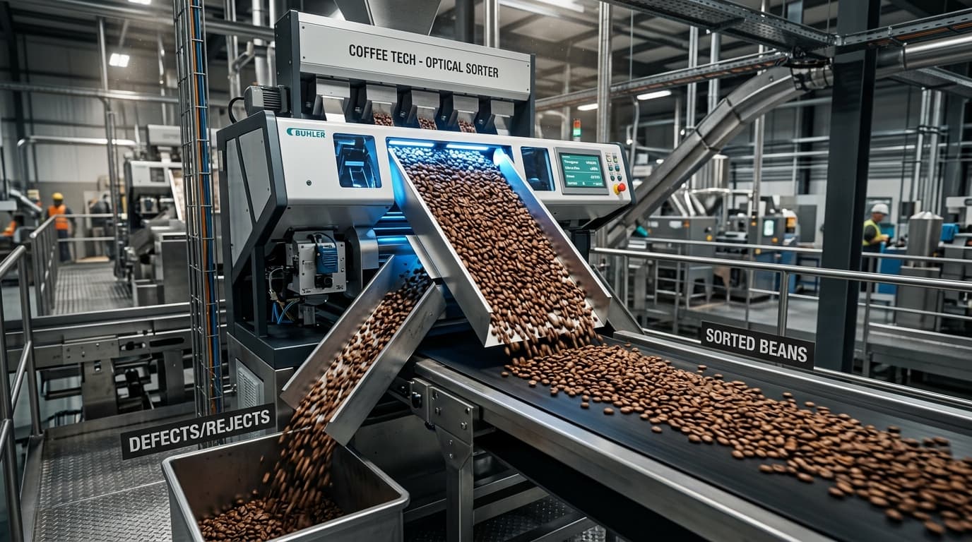 Granos de café tostado se desplazan sobre una moderna máquina de clasificación óptica en una planta de procesamiento de café (imagen generada por IA).