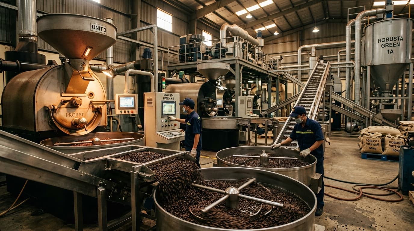 Dentro de una gran planta industrial de tostado de café que procesa granos de café Robusta para exportación mundial (imagen generada por IA)