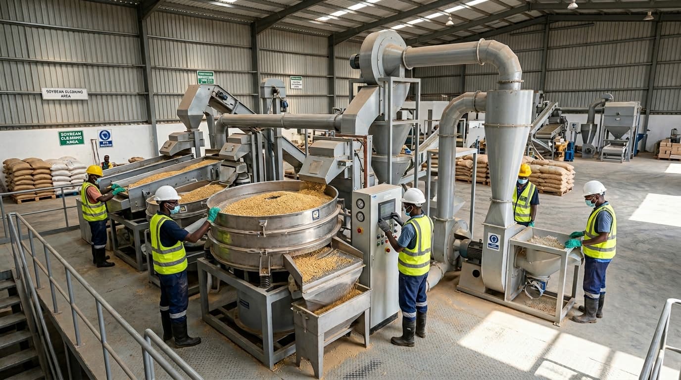 Una linea di pulizia della soia in Nigeria (immagine generata dall'IA)