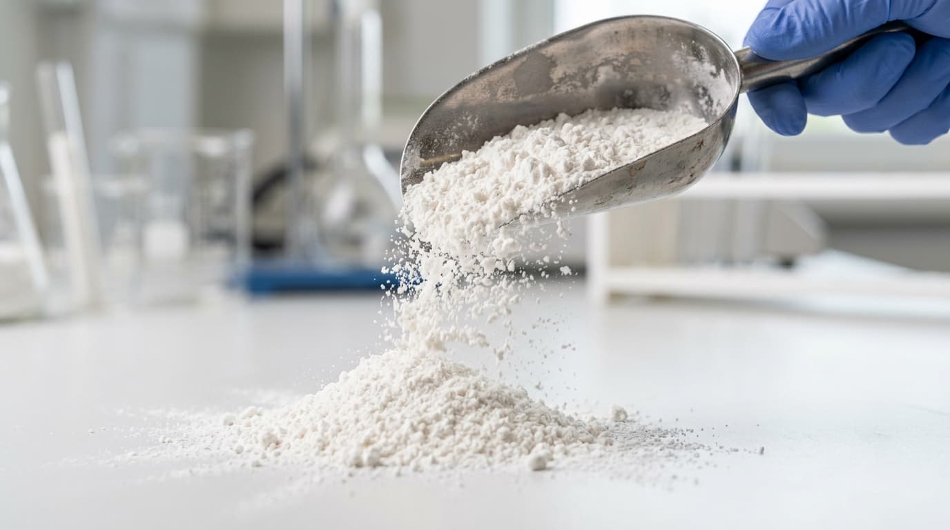 Fine white cassava starch powder spilling from a laboratory scoop onto a clean surface. (AI-generated image)
