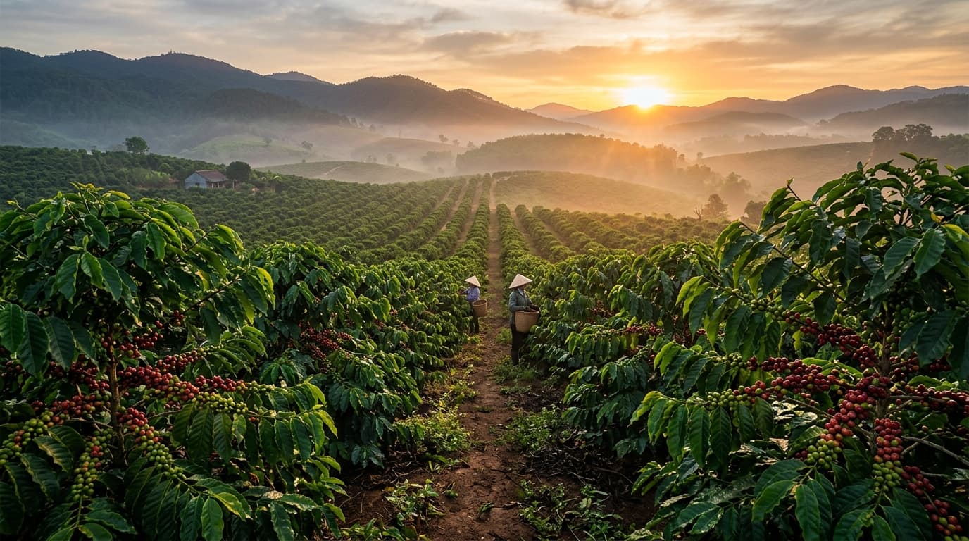 Eine vietnamesische Kaffeplantage im zentralen Hochland bei Sonnenaufgang (KI-generiertes Bild).