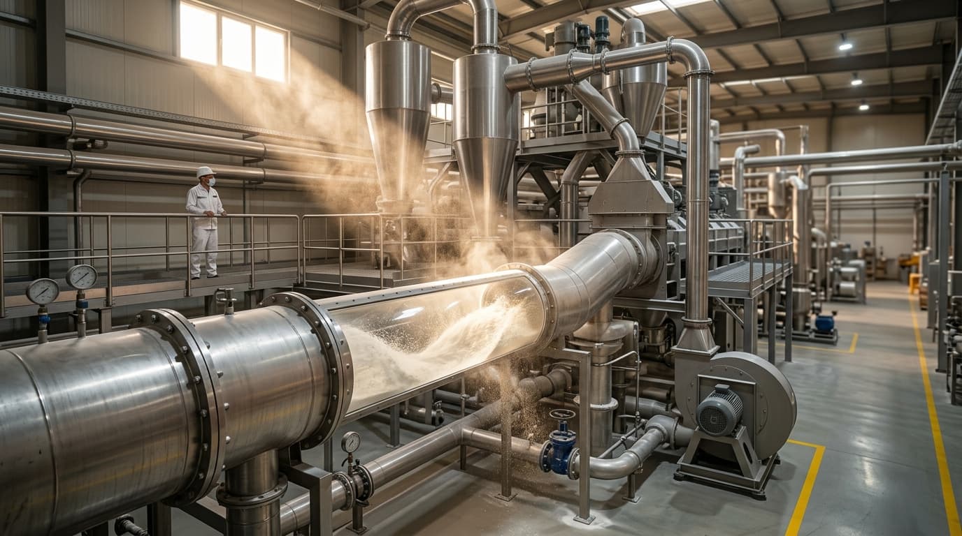 Nigerian cassava starch factory, with white starch powder flowing through a drying system (AI-generated image)
