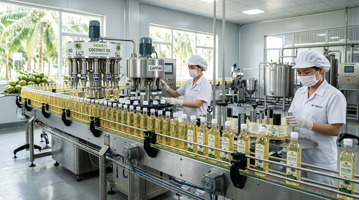 베트남의 코코넛 오일 병입 라인(AI 생성 이미지)