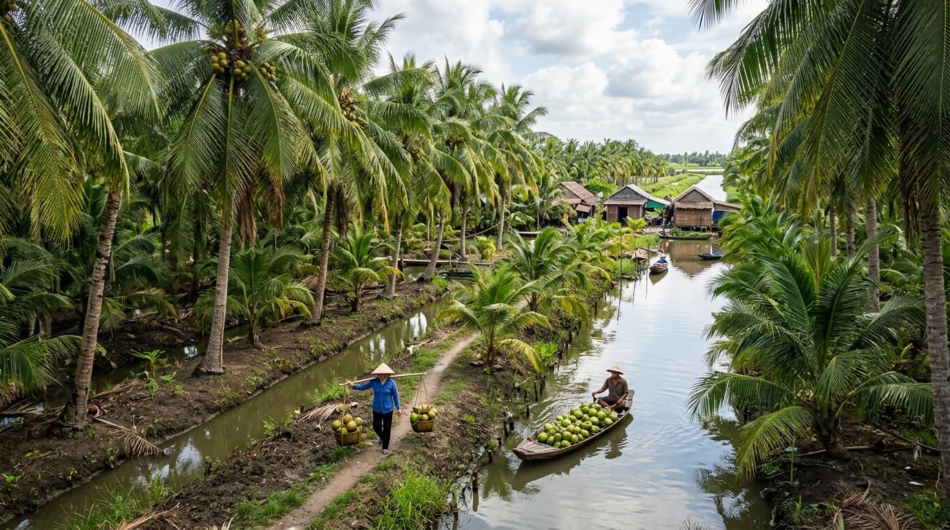 Eine Kokosnussplantage im Mekongdelta in Vietnam (KI-generiertes Bild).