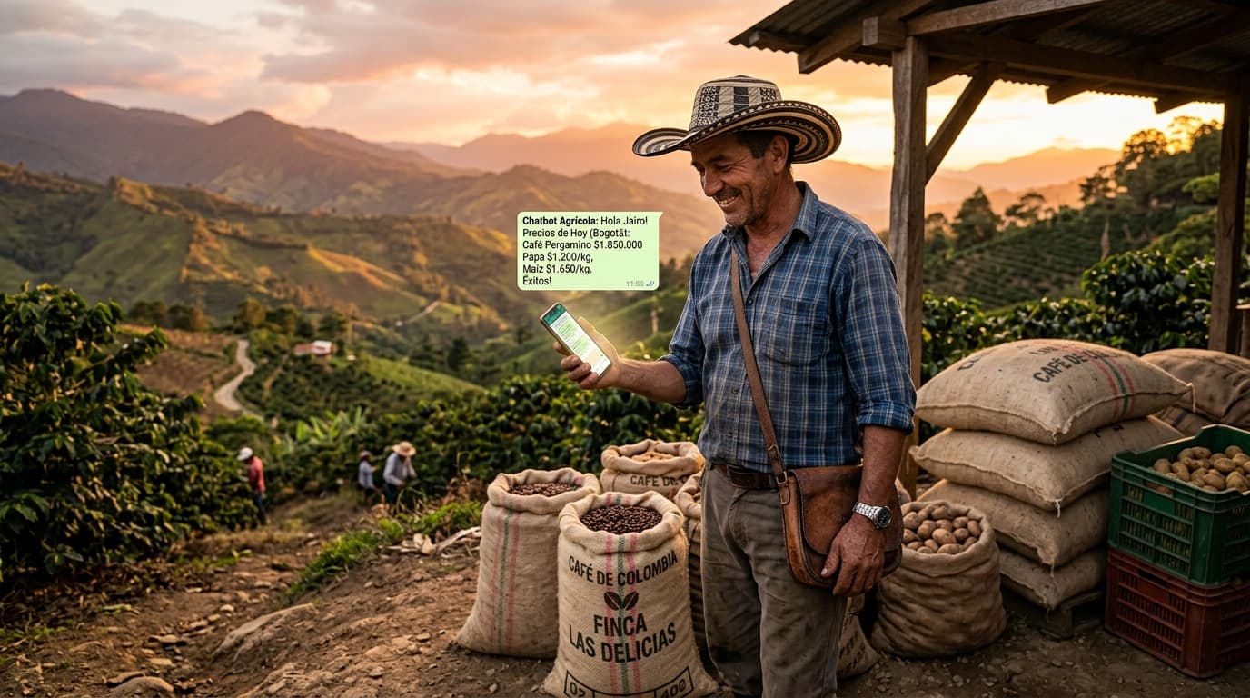 A Colombian farmer receives market price updates through a mobile chatbot while standing beside harvested crops (AI-generated image).