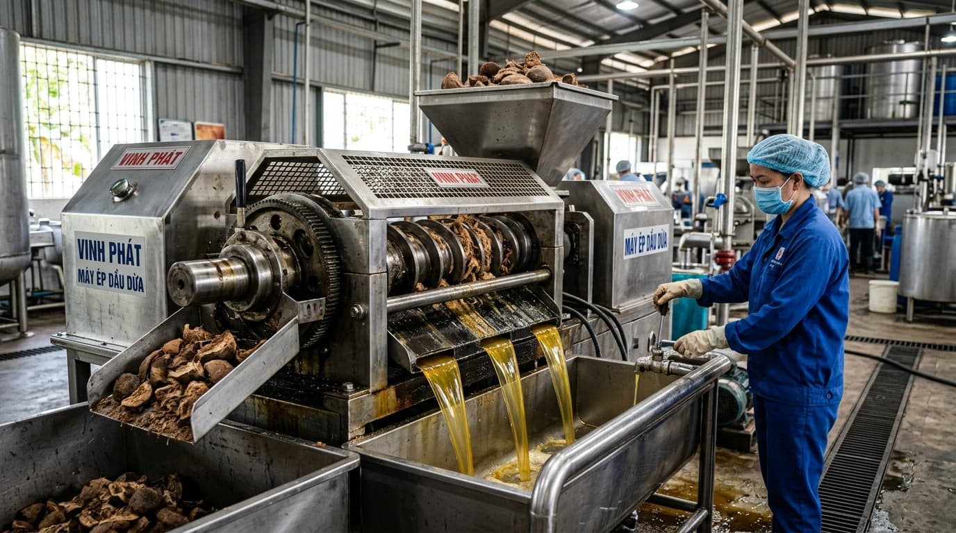 베트남에서 기계식 익스펠러 프레스를 사용한 코프라의 코코넛 오일 추출 가공 (AI 생성 이미지).