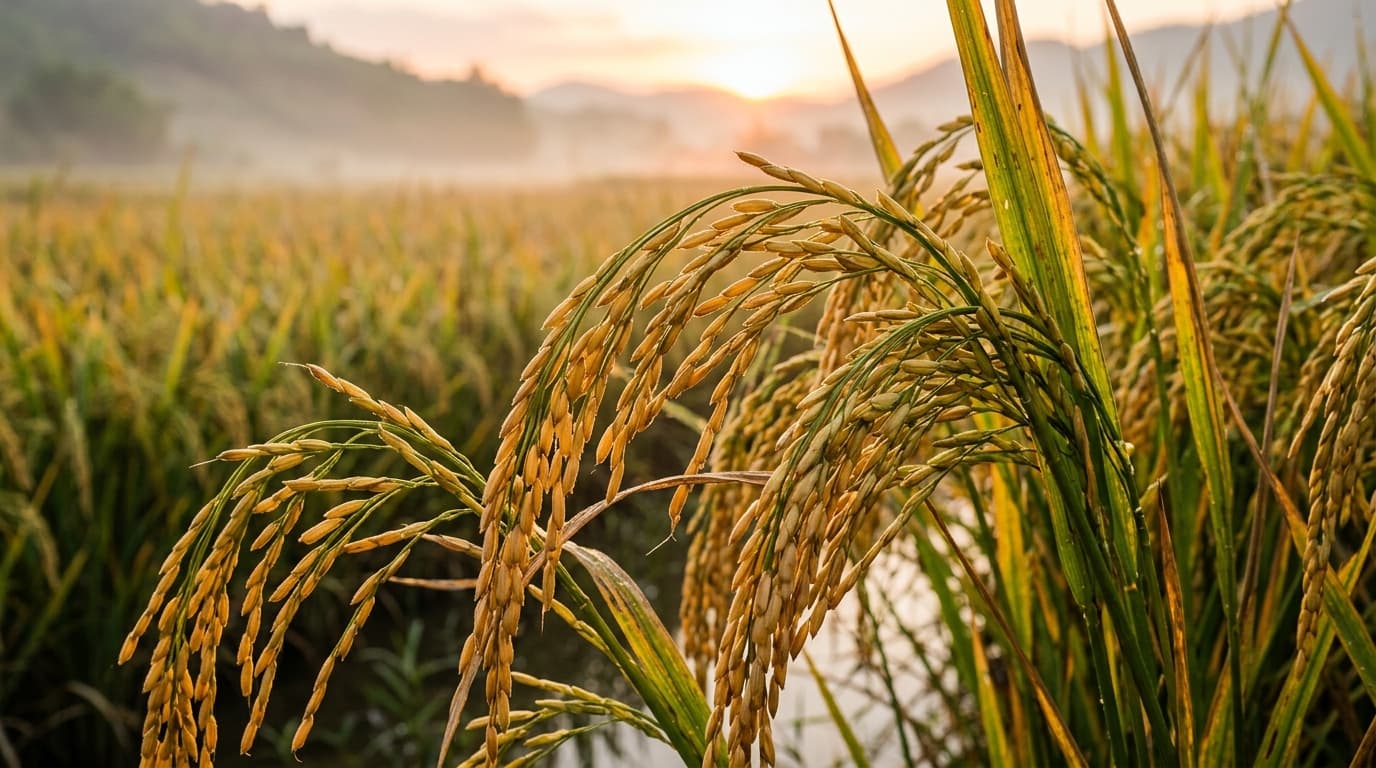 Những cây lúa Việt Nam trưởng thành trên cánh đồng lúa, sẵn sàng thu hoạch (hình ảnh do AI tạo).