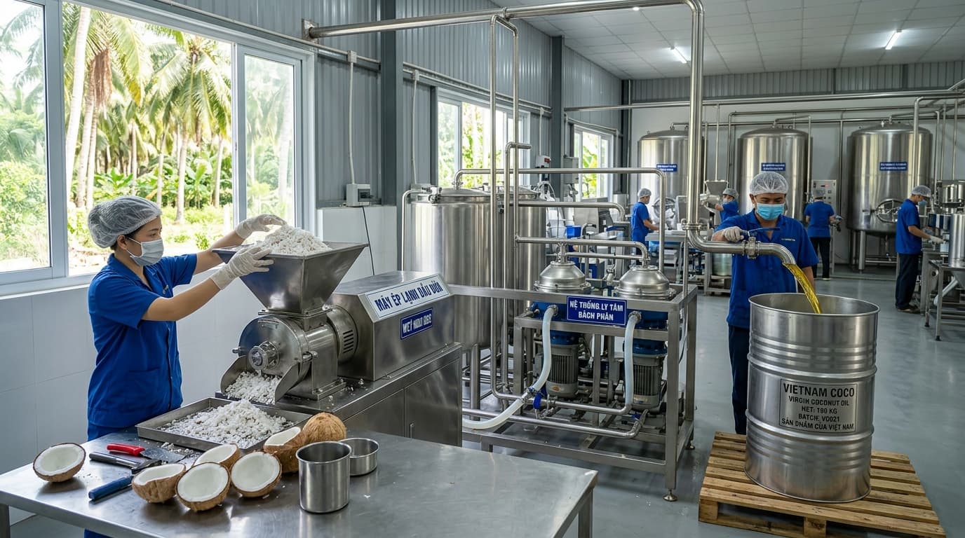 Virgin coconut oil production using cold-press technology in Vietnam (AI-generated image).