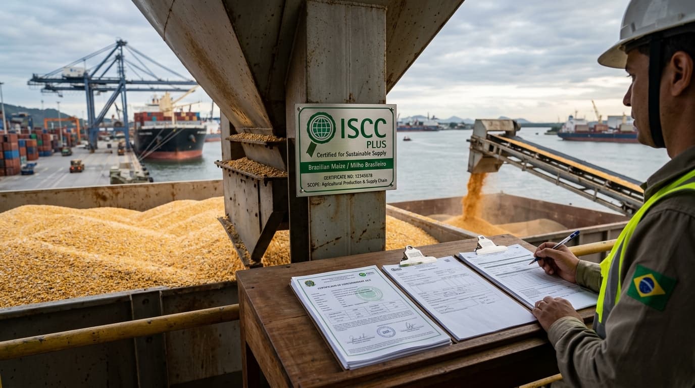 巴西玉米货运上的 ISCC 认证标志(AI 生成图片)