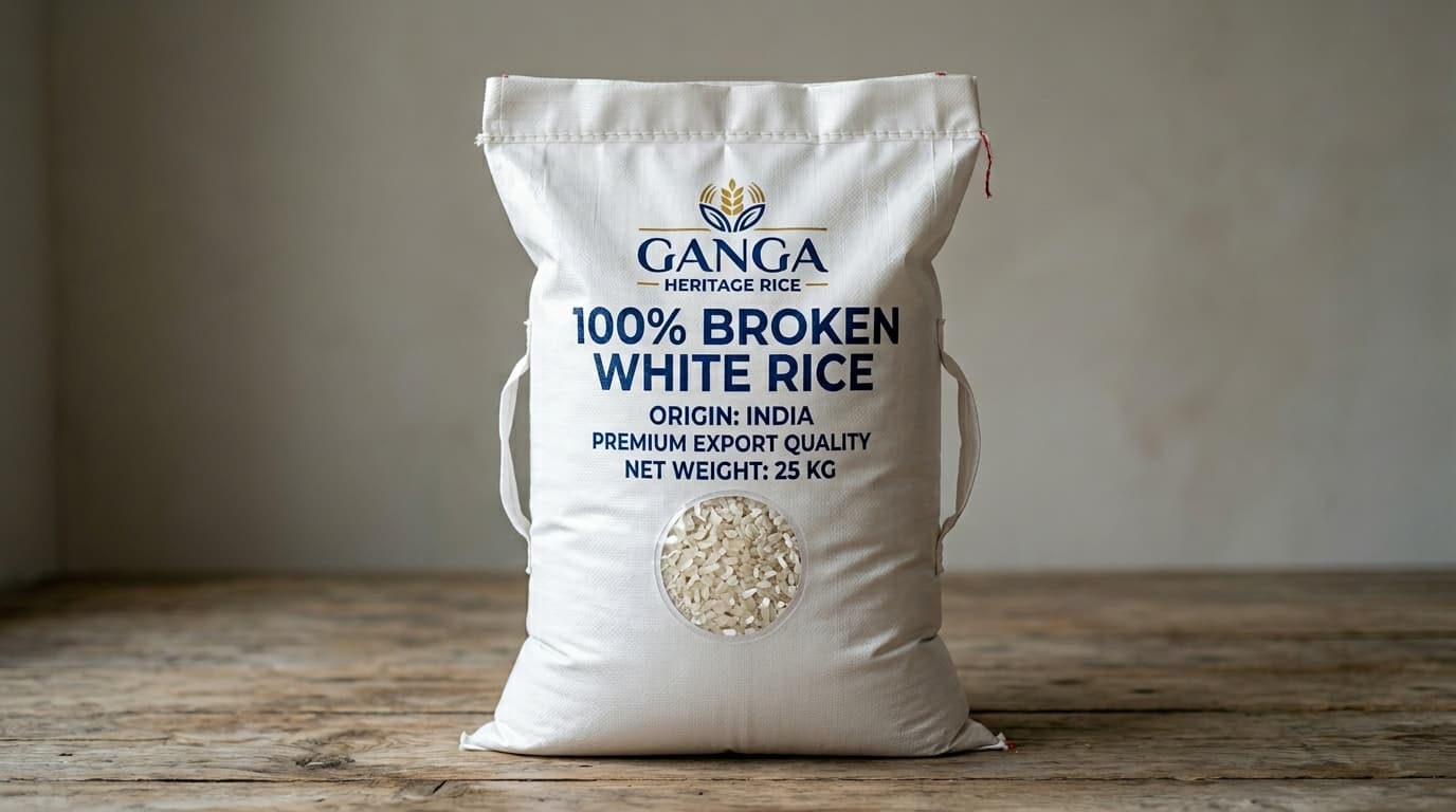 25 kg bag of 100% broken white rice, origin: India (AI-generated image)
