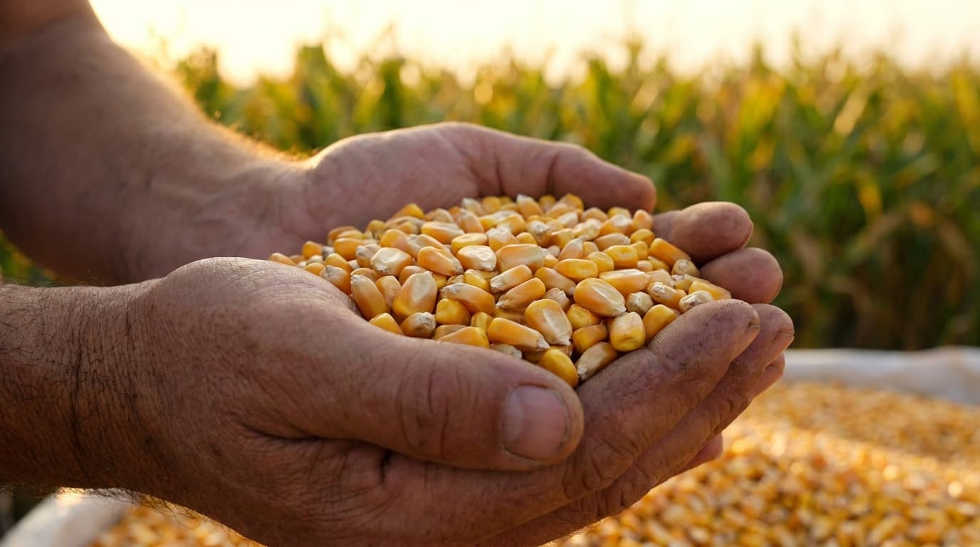 Close-up of healthy Brazilian maize kernels in a farmer's hands, golden yellow grains (AI-generated image)